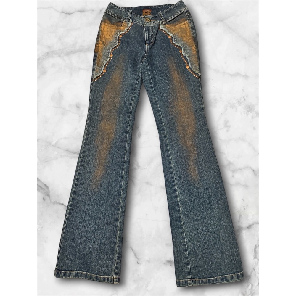 Chagall Y2K Fairycore Grunge Embellished Bootcut Flare Jeans XS Tall & Crop Top - Picture 2 of 9